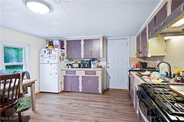 83 S Pleasant St, Oberlin, OH 44074 - kitchen with freestanding refrigerator, a textured ceiling, range with gas cooktop, under cabinet range hood, and light wood-style floors