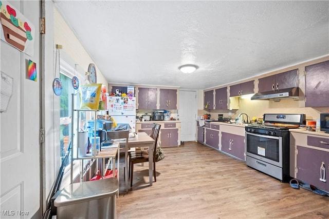 83 S Pleasant St, Oberlin, OH 44074 - kitchen featuring gas range, under cabinet range hood, light wood-type flooring, a textured ceiling, and freestanding refrigerator