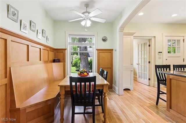 2820 W Park Blvd, Shaker Heights, OH 44120 - dining space featuring ceiling fan, light wood-type flooring, arched walkways, and recessed lighting