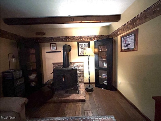 38474 Longs Crossing Rd, Leetonia, OH 44431 - detailed view of a wood stove, wood finished floors, and beam ceiling