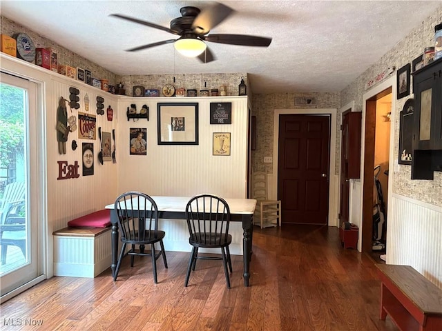 38474 Longs Crossing Rd, Leetonia, OH 44431 - dining space featuring ceiling fan, wood finished floors, a textured ceiling, and wallpapered walls