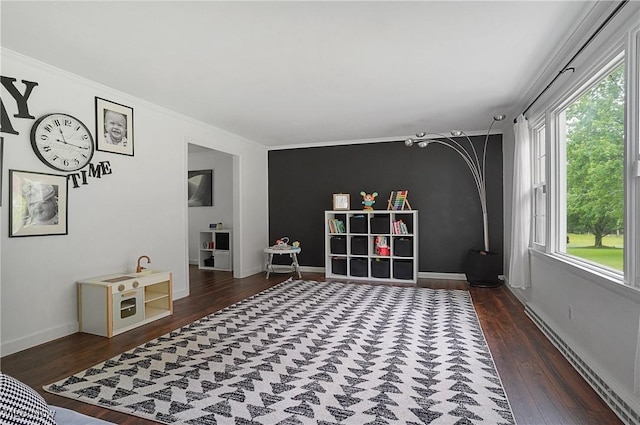 7436 Crory Rd, Canfield, OH 44406 - playroom featuring a baseboard heating unit, plenty of natural light, wood finished floors, and crown molding