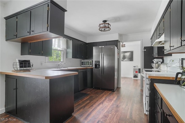 7436 Crory Rd, Canfield, OH 44406 - kitchen featuring stainless steel appliances, under cabinet range hood, dark wood-style flooring, a peninsula, and light countertops