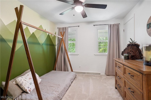 7436 Crory Rd, Canfield, OH 44406 - bedroom featuring light colored carpet, ceiling fan, and a baseboard radiator