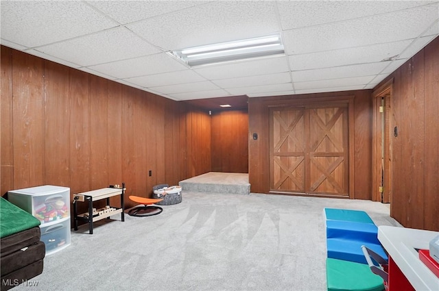 7436 Crory Rd, Canfield, OH 44406 - finished basement with carpet floors, wooden walls, and a paneled ceiling