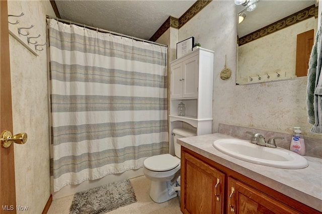 5075 State Route 250 NW, Beach City, OH 44608 - bathroom featuring vanity, curtained shower, a textured ceiling, and wallpapered walls