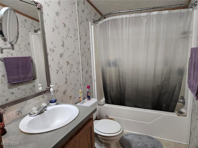 1947 N Vinegar Hill Rd NE, Mcconnelsville, OH 43756 - bathroom featuring wallpapered walls, vanity, shower / tub combo, and a textured ceiling