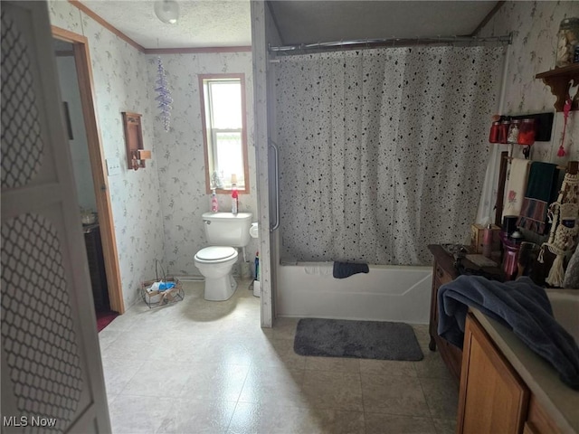 1947 N Vinegar Hill Rd NE, Mcconnelsville, OH 43756 - bathroom with shower / bath combo with shower curtain, wallpapered walls, and vanity