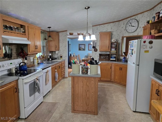 1947 N Vinegar Hill Rd NE, Mcconnelsville, OH 43756 - kitchen featuring white appliances, wallpapered walls, under cabinet range hood, a textured ceiling, and crown molding