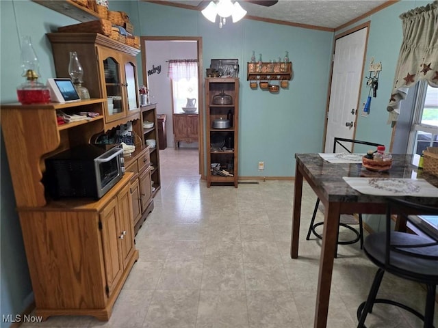 1947 N Vinegar Hill Rd NE, Mcconnelsville, OH 43756 - dining room featuring ceiling fan, ornamental molding, and a textured ceiling
