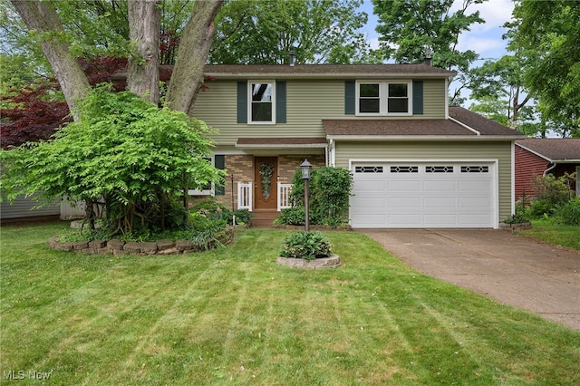 5802 Redwood Ct, Mentor-On-The-Lake, OH 44060 - view of front facade featuring driveway, a garage, a front lawn, and a chimney