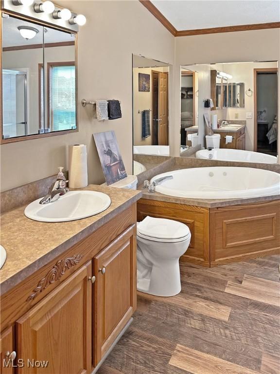 4182 Reger Rd, Conneaut, OH 44030 - full bath featuring crown molding, vanity, vaulted ceiling, a garden tub, and wood finished floors