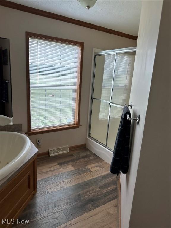 4182 Reger Rd, Conneaut, OH 44030 - full bathroom featuring a shower stall, wood finished floors, ornamental molding, and vanity