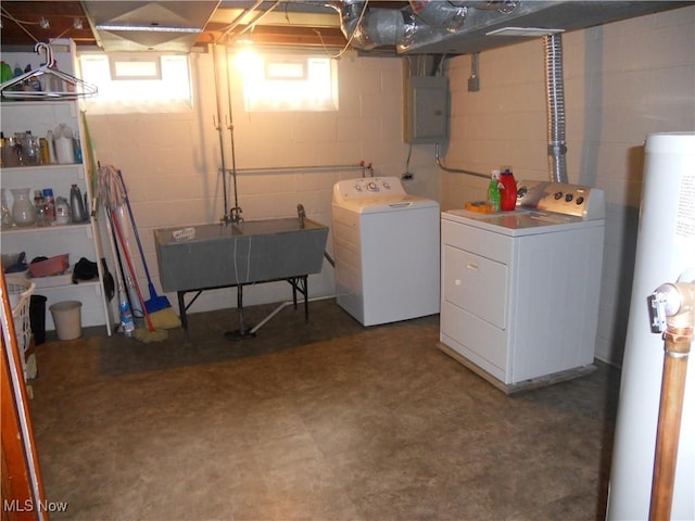 374 Clarmont Rd, Willowick, OH 44095 - below grade area featuring electric panel, separate washer and dryer, and water heater