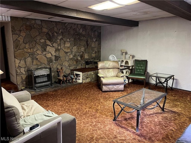 382 Bluestone Dr, Weirton, WV 26062 - living room with carpet floors, beamed ceiling, and heating unit