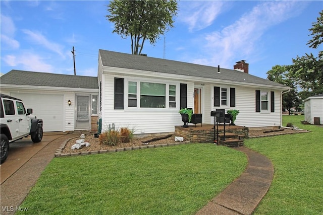 517 Linwood Ct, Port Clinton, OH 43452 - ranch-style house featuring a garage, a front lawn, a chimney, and driveway