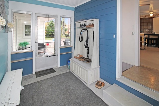 517 Linwood Ct, Port Clinton, OH 43452 - mudroom with carpet and wood walls