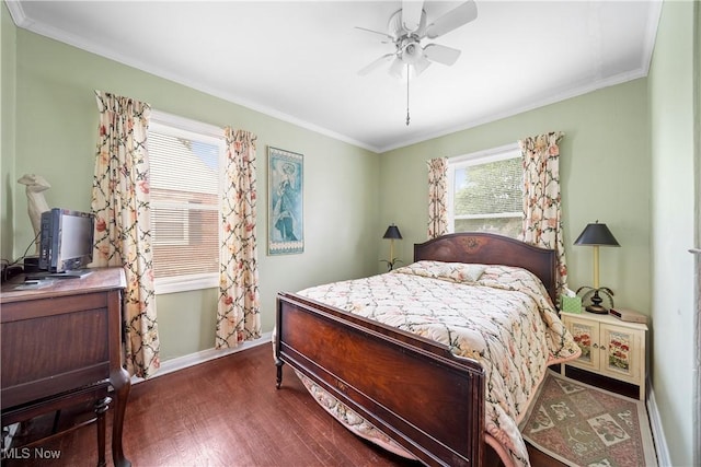 1499 Redwood Ave, Akron, OH 44301 - bedroom with dark wood-style floors, ornamental molding, and a ceiling fan