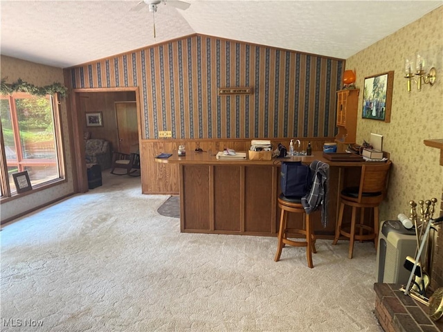 19693 Dudley Rd, Caldwell, OH 43724 - office with vaulted ceiling, wallpapered walls, carpet floors, a textured ceiling, and a ceiling fan