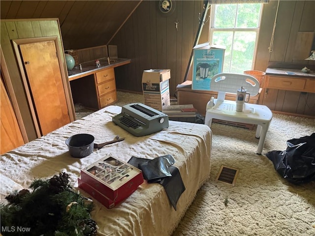 19693 Dudley Rd, Caldwell, OH 43724 - bedroom featuring wooden ceiling, carpet floors, wood walls, and vaulted ceiling