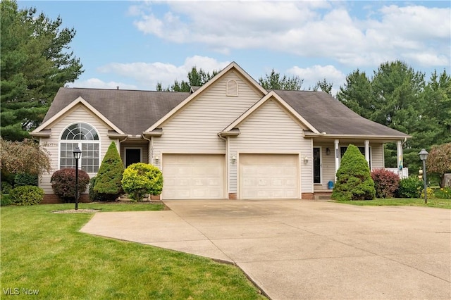 10393 Scotney Ave NW, North Canton, OH 44720 - ranch-style house featuring a front lawn, a garage, concrete driveway, roof with shingles, and a porch
