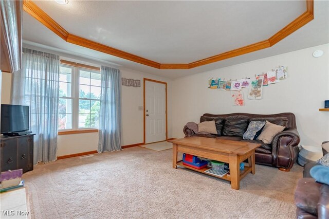10393 Scotney Ave NW, North Canton, OH 44720 - carpeted living area featuring a tray ceiling and crown molding