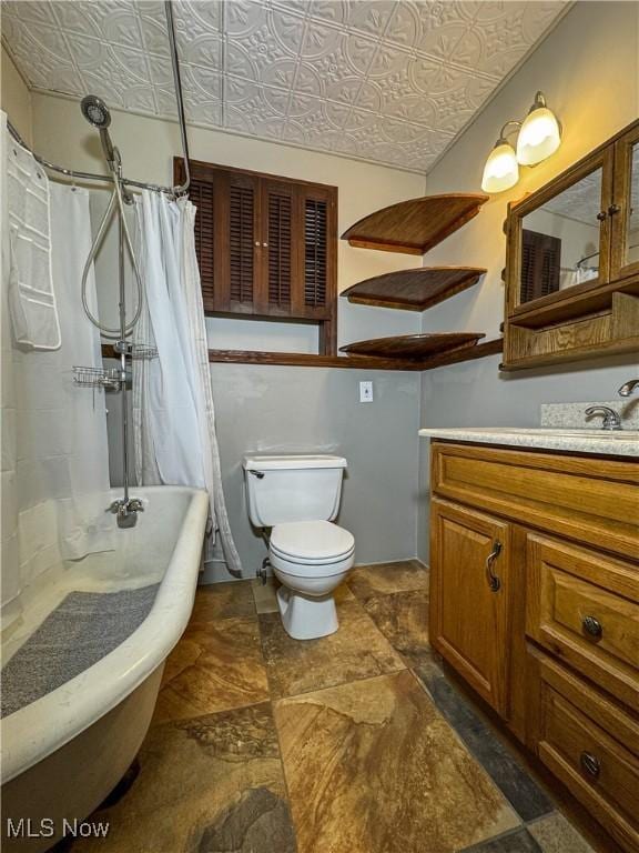 101 Ridgeway St, Struthers, OH 44471 - full bath with vanity, an ornate ceiling, shower / tub combo, and stone finish flooring