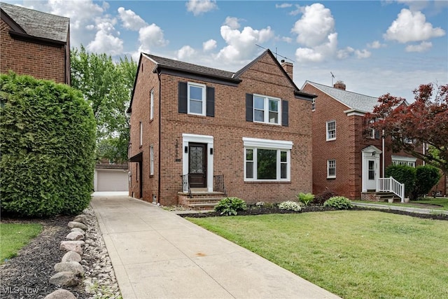 3886 Faversham Rd, University Heights, OH 44118 - view of front of property with brick siding, a front lawn, a garage, and a chimney