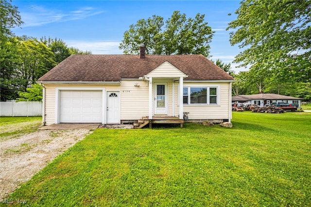 6136 Lake Rd W, Ashtabula, OH 44004 - view of front of house featuring dirt driveway, roof with shingles, a chimney, and a garage