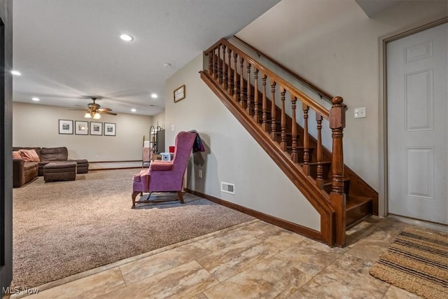 1448 Locust Ridge Rd, Washington, WV 26181 - staircase with recessed lighting, ceiling fan, and a baseboard radiator