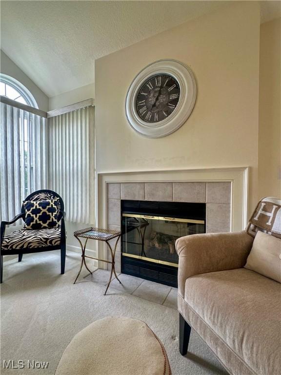 203 Willow Brook Dr NE, Warren, OH 44483 - carpeted living area featuring a tiled fireplace and vaulted ceiling