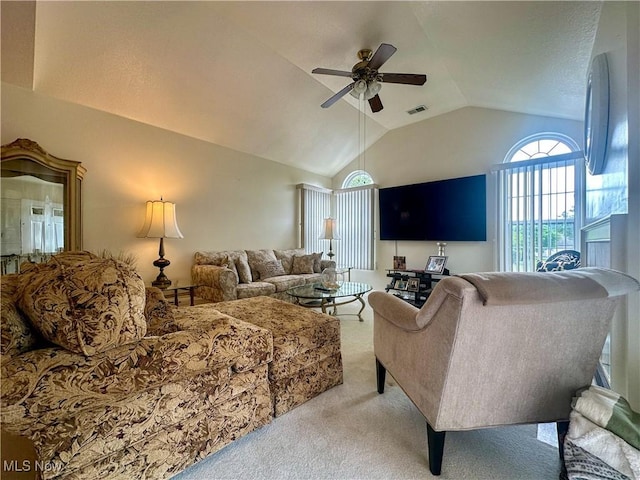 203 Willow Brook Dr NE, Warren, OH 44483 - living room with carpet flooring, a ceiling fan, and lofted ceiling