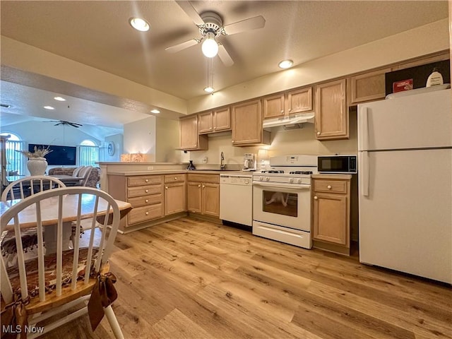 203 Willow Brook Dr NE, Warren, OH 44483 - kitchen with white appliances, ceiling fan, under cabinet range hood, light wood-style flooring, and recessed lighting