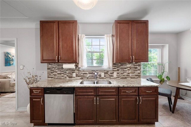 3846 Washington Blvd, University Heights, OH 44118 - kitchen featuring stainless steel dishwasher, backsplash, plenty of natural light, and light stone counters