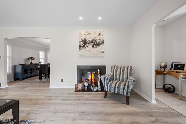 3846 Washington Blvd, University Heights, OH 44118 - living area featuring arched walkways, recessed lighting, wood finished floors, and a glass covered fireplace