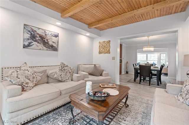 3846 Washington Blvd, University Heights, OH 44118 - living room featuring a wooden ceiling with exposed beams, recessed lighting, a chandelier, and light wood finished floors