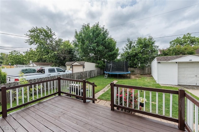 13112 Shady Oak Blvd, Garfield Heights, OH 44125 - wooden terrace with a trampoline, a fenced backyard, and a storage unit