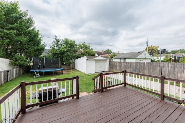13112 Shady Oak Blvd, Garfield Heights, OH 44125 - wooden deck featuring a trampoline, a fenced backyard, and a storage shed
