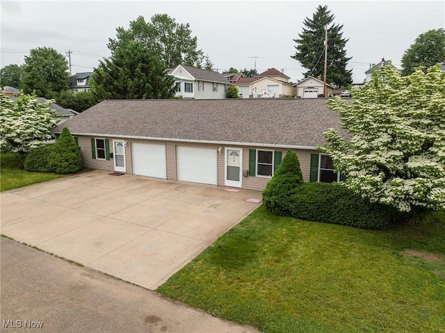 412 SW Weber Ave, Strasburg, OH 44680 - ranch-style house featuring an attached garage, a front lawn, a shingled roof, and driveway