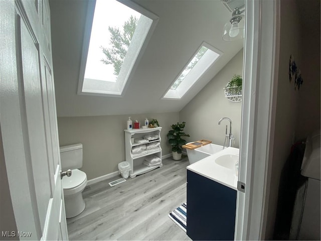 982 Day St, Conneaut, OH 44030 - bathroom featuring a skylight, lofted ceiling, vanity, and wood finished floors
