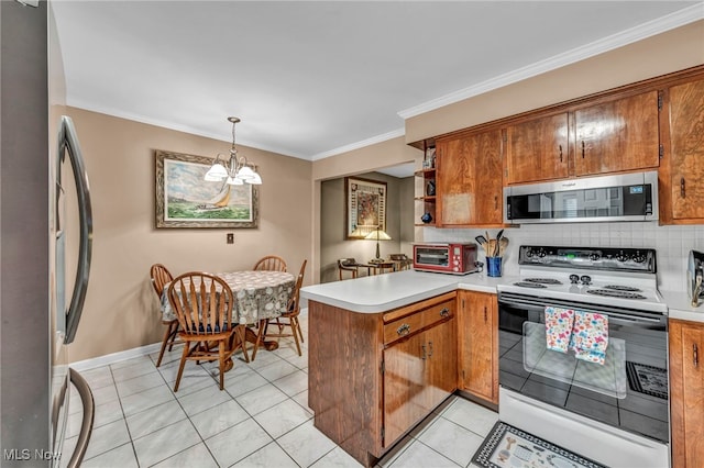 3719 Seneca Ave, Lorain, OH 44055 - kitchen with electric stove, stainless steel microwave, fridge, a peninsula, and brown cabinets