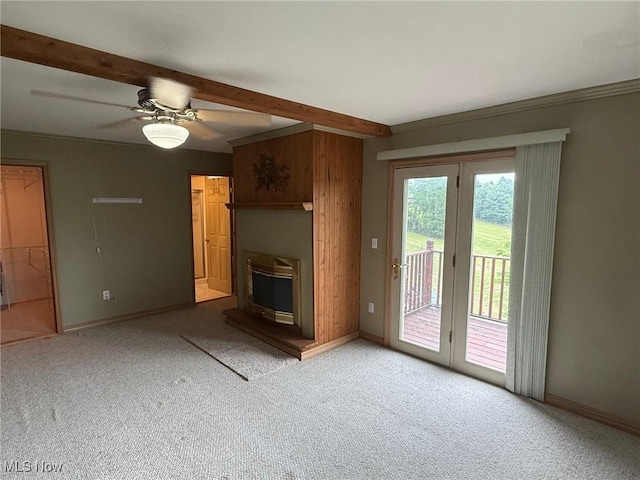 2484 Township Road 262, Bergholz, OH 43908 - unfurnished living room with carpet floors, beamed ceiling, and a ceiling fan