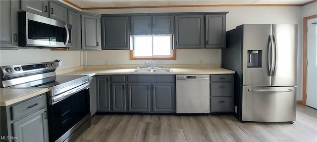 215 N 10th St, Cambridge, OH 43725 - kitchen featuring appliances with stainless steel finishes, gray cabinetry, light wood-style flooring, and light countertops