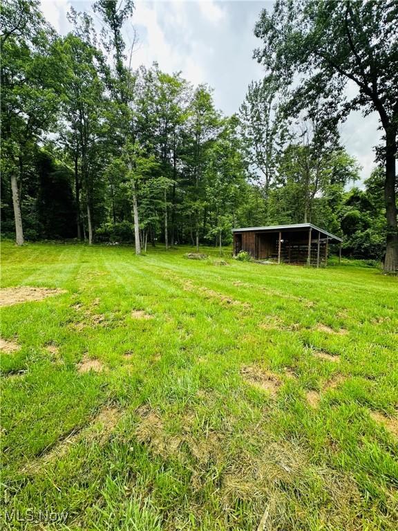 62063 Savage Rd, Cambridge, OH 43725 - view of yard with an outdoor structure, a pole building, and a forest view