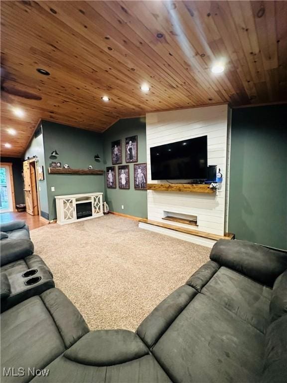 62063 Savage Rd, Cambridge, OH 43725 - living room featuring wood ceiling, lofted ceiling, a fireplace, carpet floors, and recessed lighting