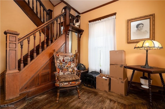 517 3rd St NW, New Philadelphia, OH 44663 - living area featuring stairs, ornamental molding, and wood finished floors