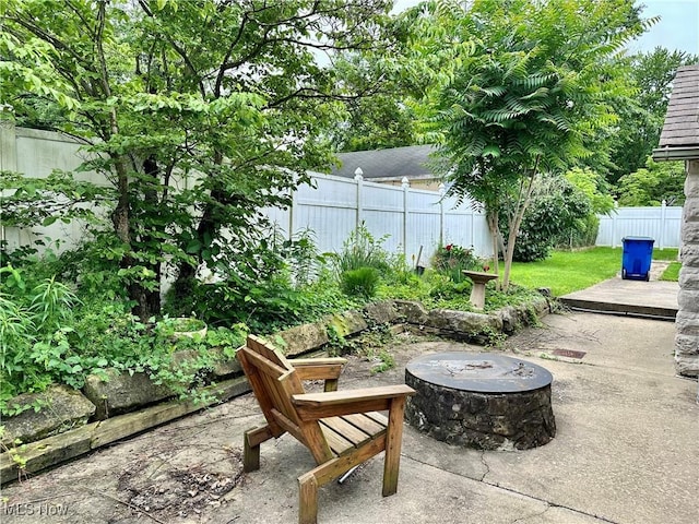 25 W Water St, Hubbard, OH 44425 - fenced backyard featuring a fire pit and a patio
