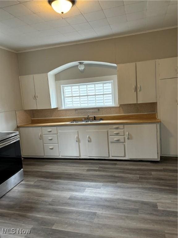 445 N 3rd, Cambridge, OH 43725 - kitchen featuring electric range, ornamental molding, wood finished floors, tasteful backsplash, and light countertops