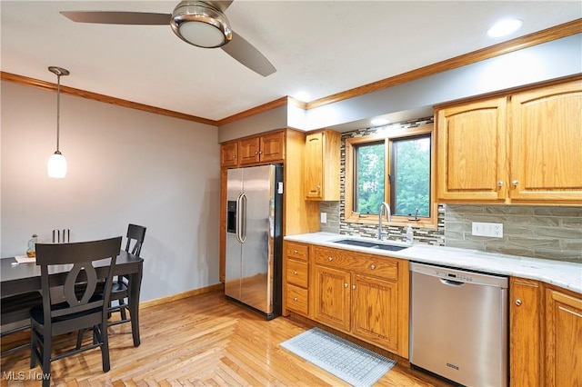 3145 Franks Rd, Clinton, OH 44216 - kitchen featuring appliances with stainless steel finishes, crown molding, tasteful backsplash, ceiling fan, and decorative light fixtures