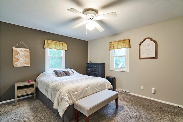 3145 Franks Rd, Clinton, OH 44216 - bedroom featuring multiple windows, dark carpet, and ceiling fan